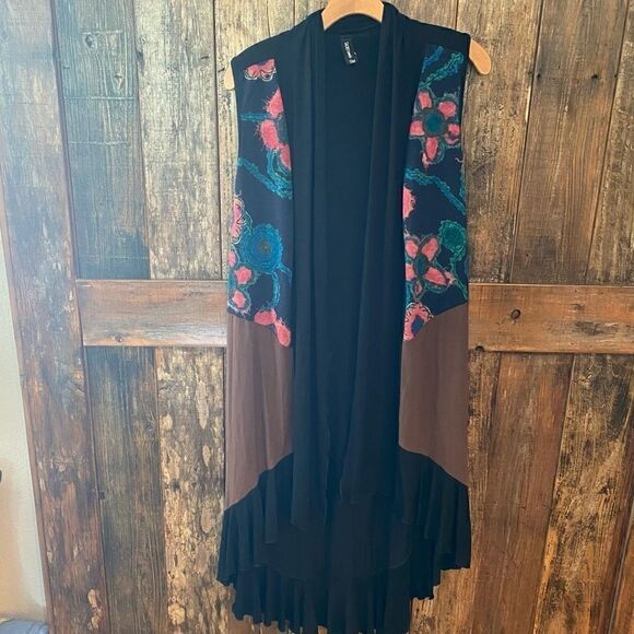 Sacred Threads S/M Black Teal BOHO Floral Fabric Lagenlook Sleeveless Duster - Picture 2 of 13